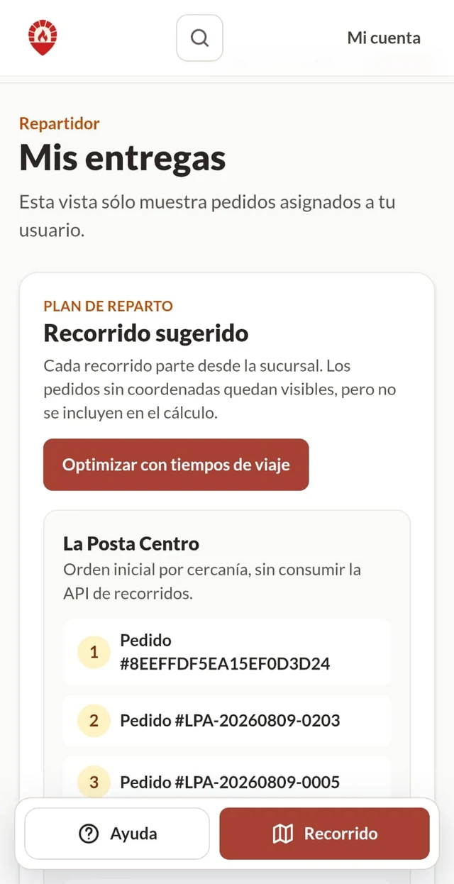 Vista móvil de entregas asignadas